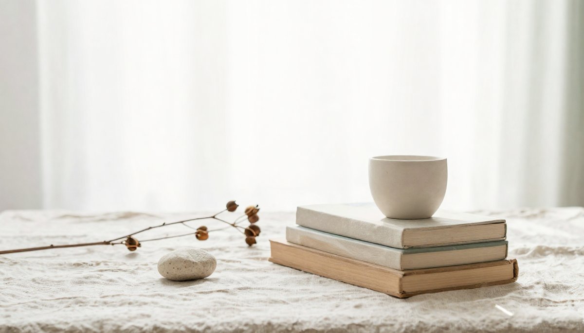 A bright still-life photograph of a small neat stack of plain unmarked books on washed linen, with a slender dried branch, a few seed pods and a smooth pale stone beside them.